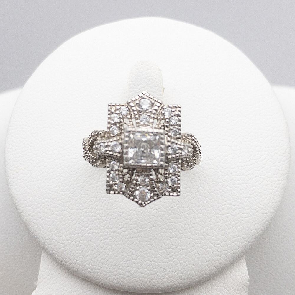 Vintage Inspired 925 Sterling Silver CZ Cocktail Ring Art Deco Style Size 6 - Picture 9 of 12